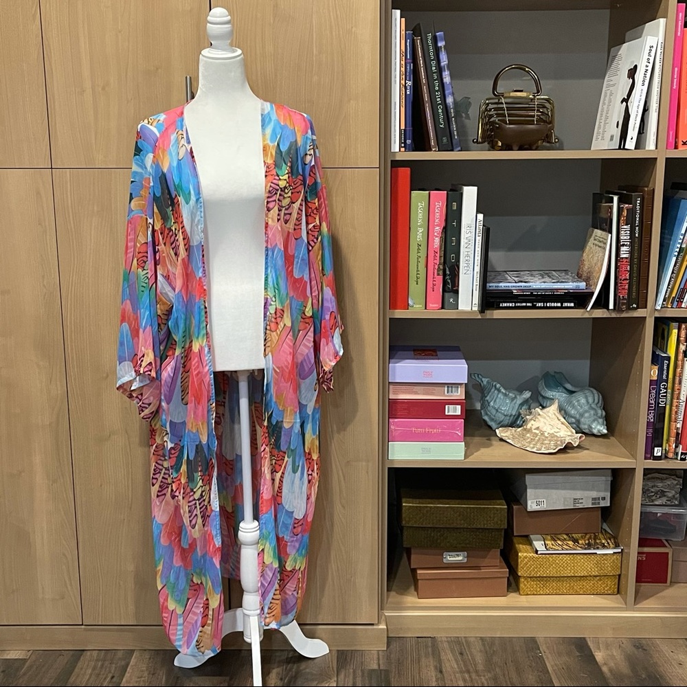 Multi color feather print sheer kimono cover up